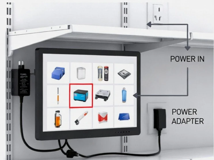 Retail shelf digital signage installation showing electrical circuit capacity planning and cloud-based CMS content management infrastructure
