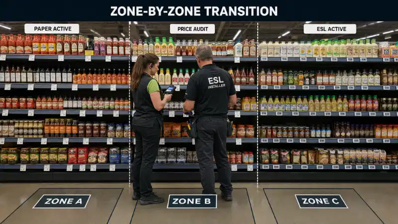 Zone-by-zone supermarket transition from paper shelf labels to active electronic shelf labels Zone-by-zone supermarket transition from paper shelf labels to active electronic shelf labels