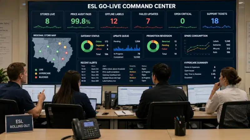 Retail governance team reviewing evidence and making a formal ESL rollout wave decision Retail governance team reviewing evidence and making a formal ESL rollout wave decision